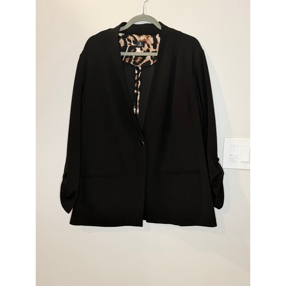 DressBarn Black Open Front Blazer Leopard Print Trim Roll Tab Sleeve 2X Office